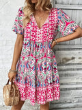 Printed Tie Neck Short Sleeve Dress With Paisley Print Pattern - Southern Shores Clothing