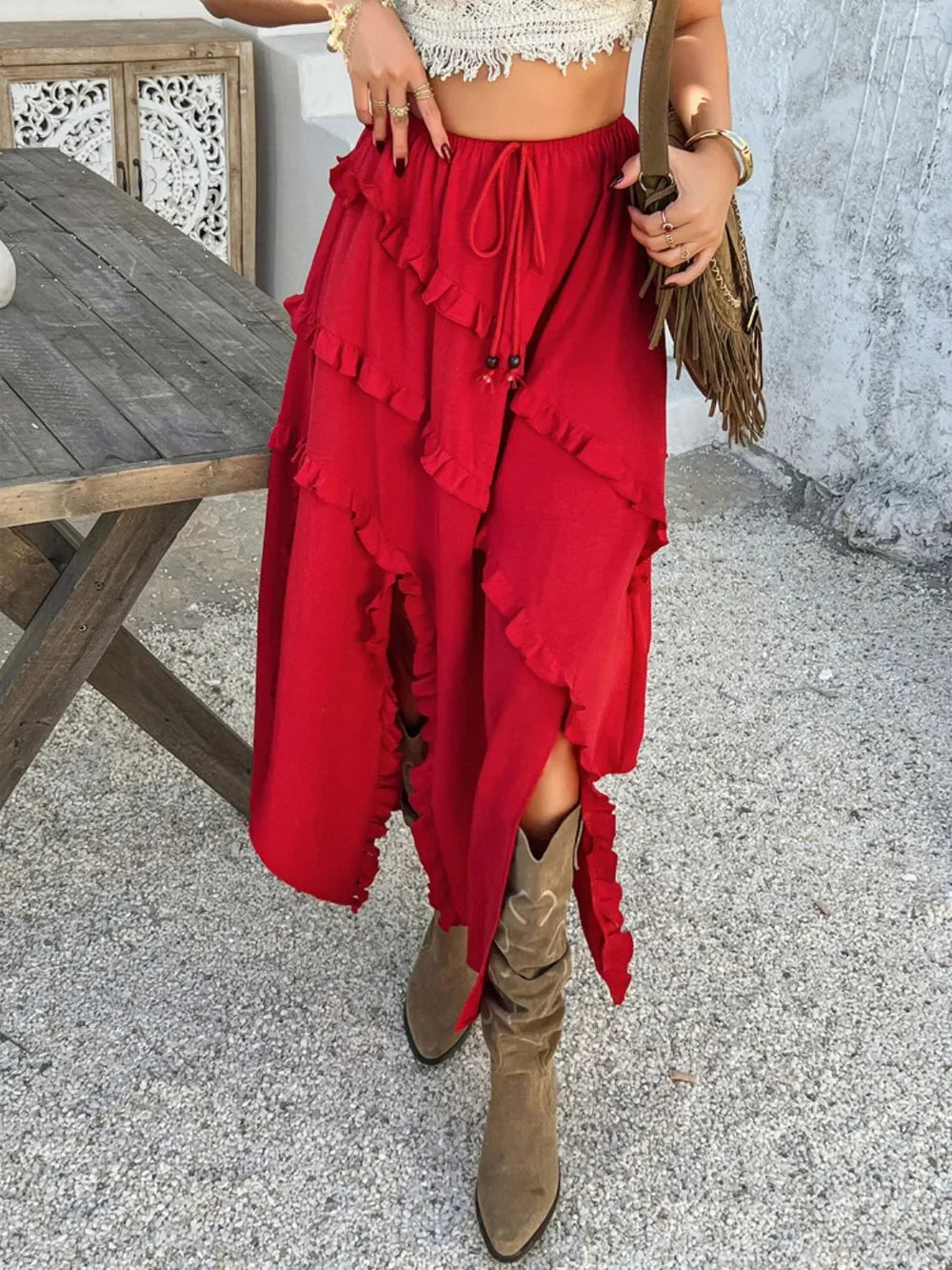 Slit Drawstring Ruffled Skirt With Adjustable Drawstring - Southern Shores Clothing