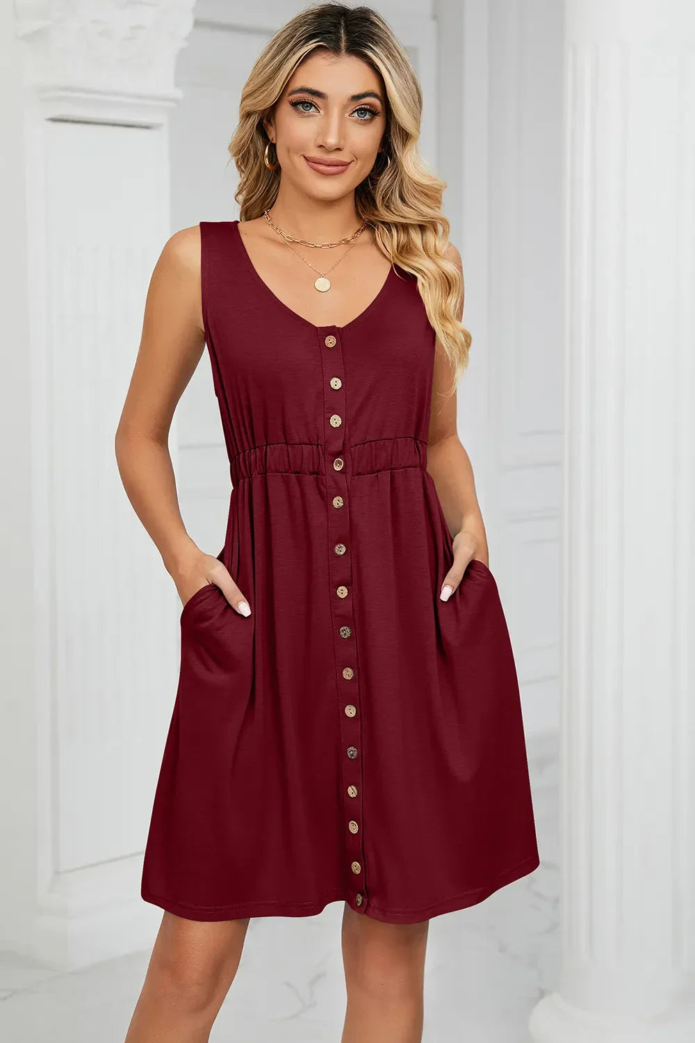 Buttoned Wide Strap Mini Dress - Southern Shores Clothing
