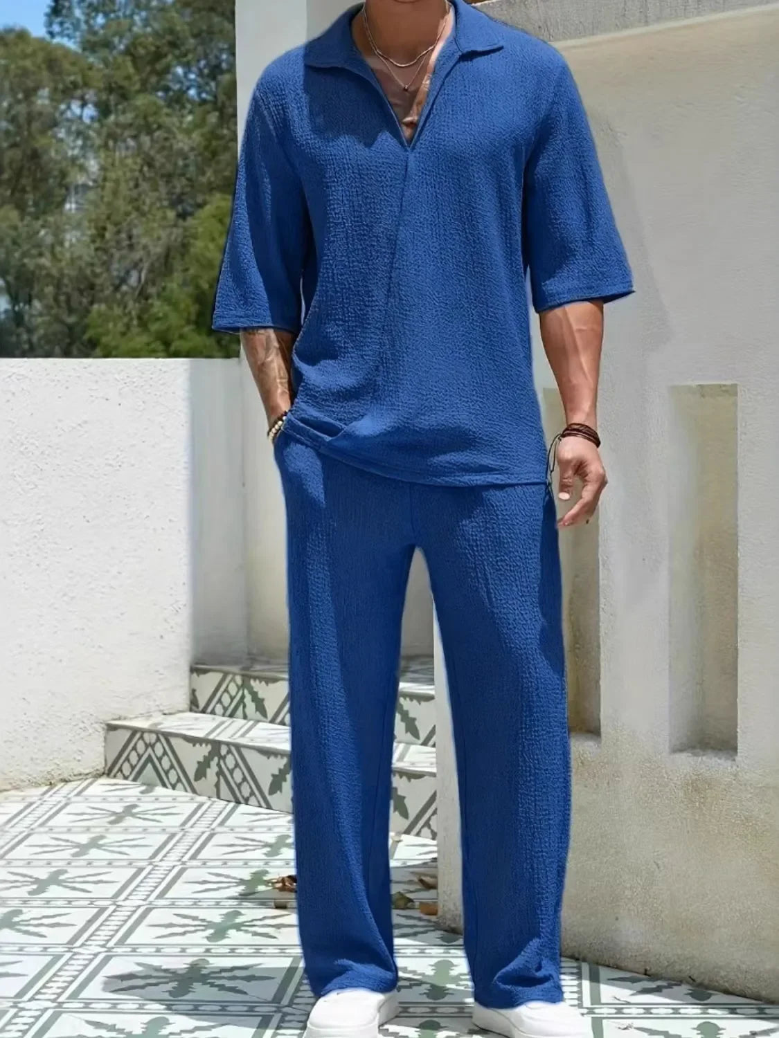 Men's Johnny Collar Half Sleeve Top and Pants Set - Southern Shores Clothing