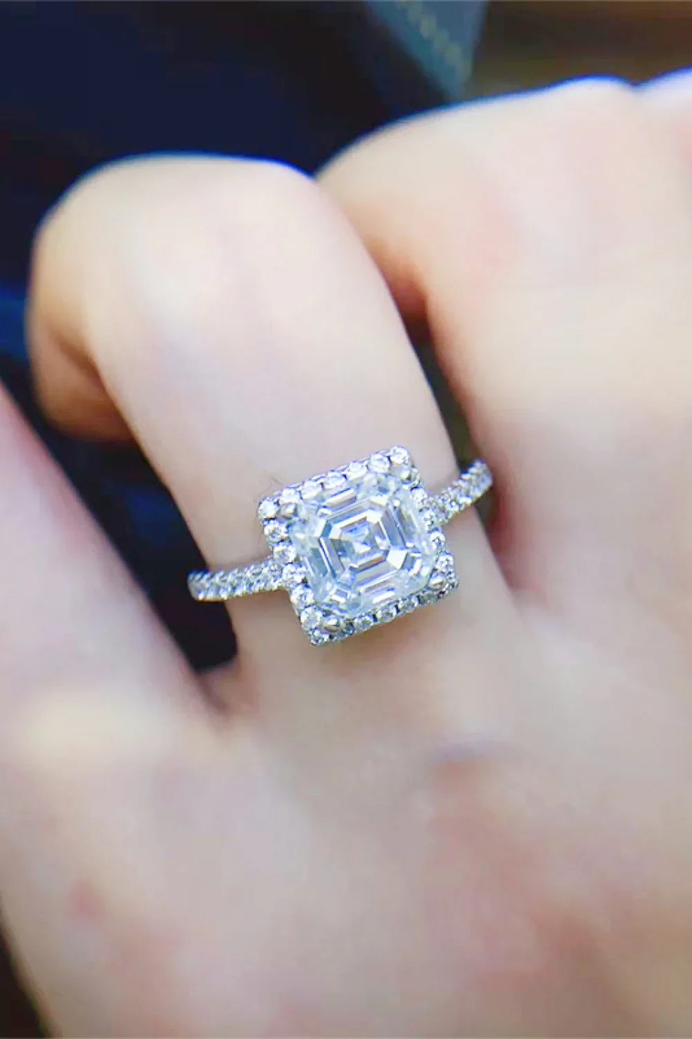 Emerald-Cut Moissanite Ring With Halo In Sterling Silver - Southern Shores Clothing