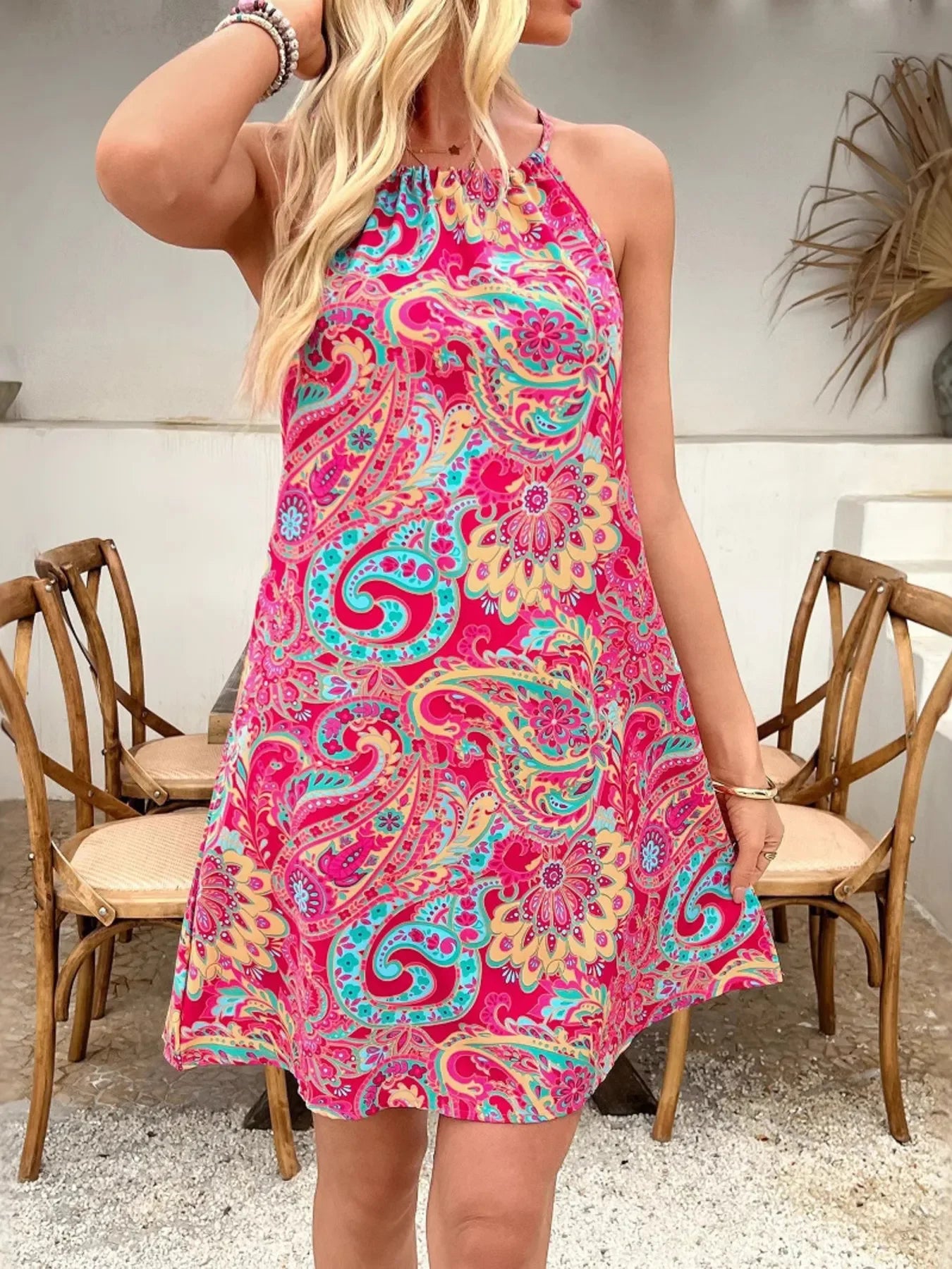 Paisley Print Halter Sundress Polyester Spandex Blend Lightweight - Southern Shores Clothing