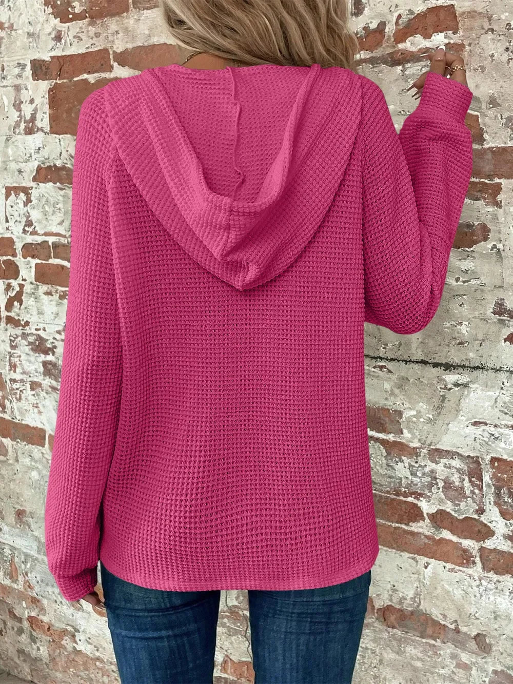 Waffle Knit Long Sleeve Drawstring Hooded Top - Southern Shores Clothing