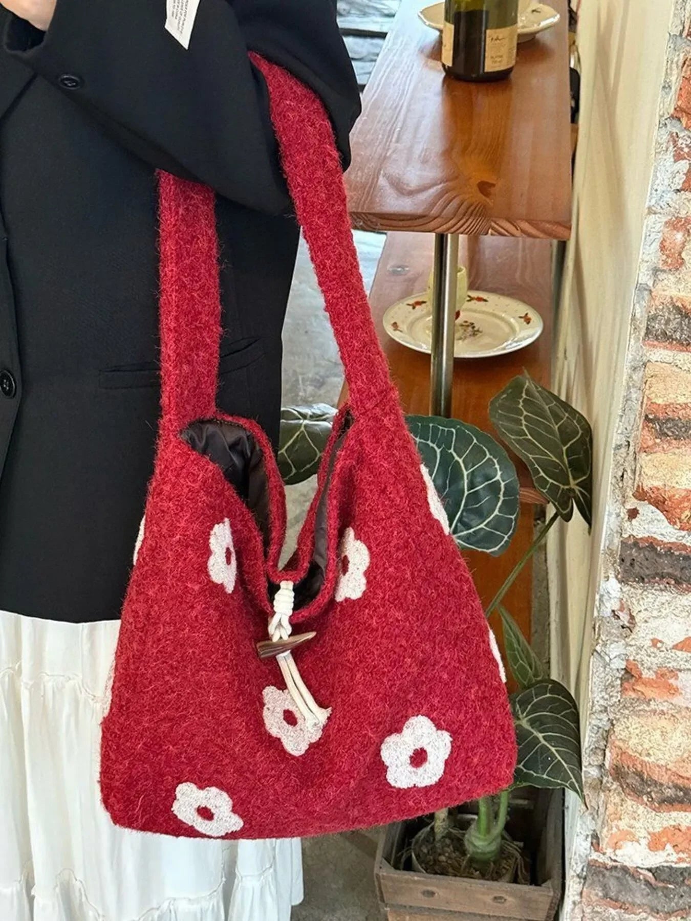 Floral Fuzzy Knit Tote Bag With Plush Finish - Southern Shores Clothing