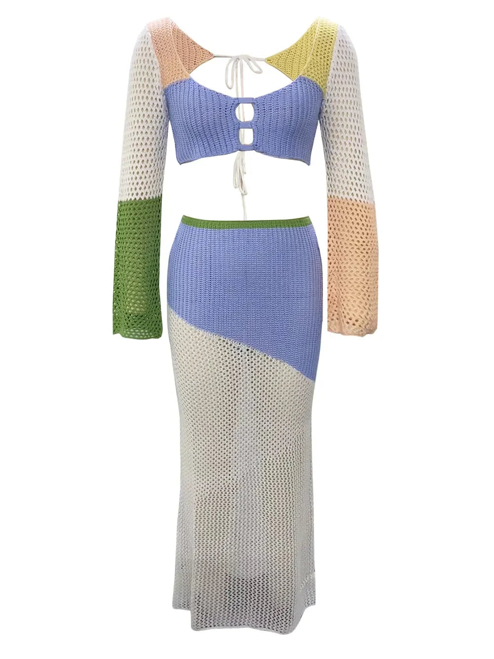 Crochet Tie Front Long Sleeve Top And Maxi Skirt Two Piece Set - Southern Shores Clothing