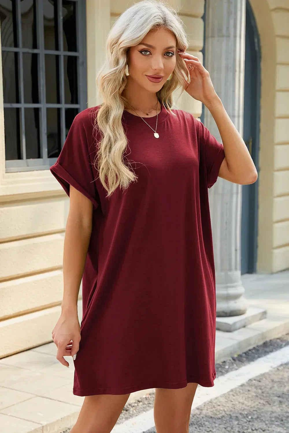 Round Neck Rolled Short Sleeve Tee Dress - Southern Shores Clothing