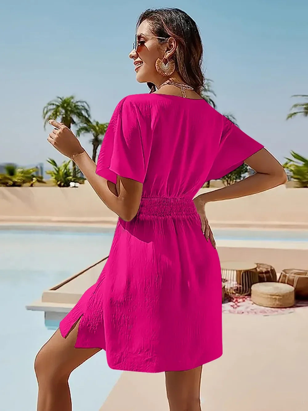 Smocked V-Neck Short Sleeve Dress Lightweight Coastal - Southern Shores Clothing
