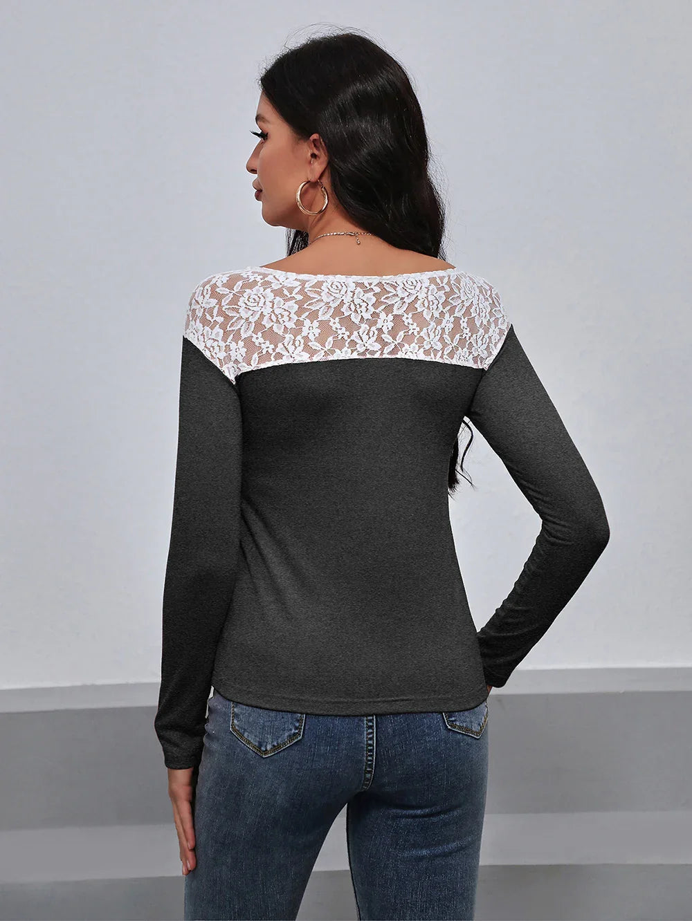 Lace Trim Long Sleeve Round Neck Tee For Casual Wear - Southern Shores Clothing