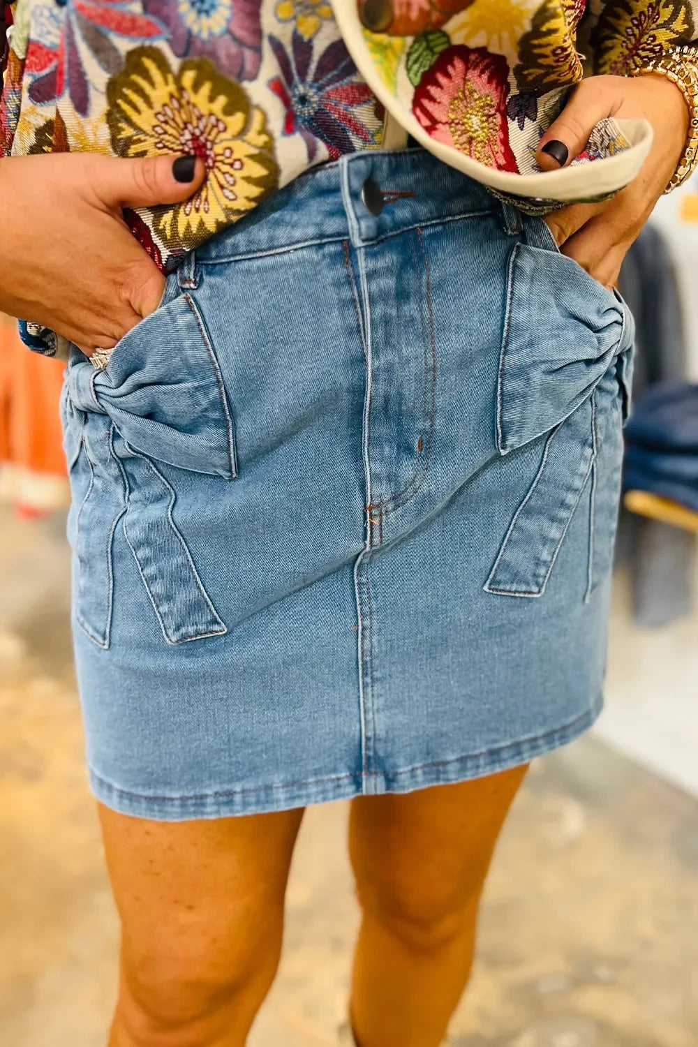 Acid Wash Bowknot Details High Waist Denim Skirt - Southern Shores Clothing