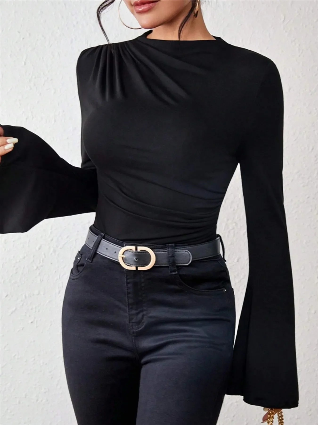 Bell Sleeve Ruched Fitted T-Shirt with Mock Neck - Southern Shores Clothing