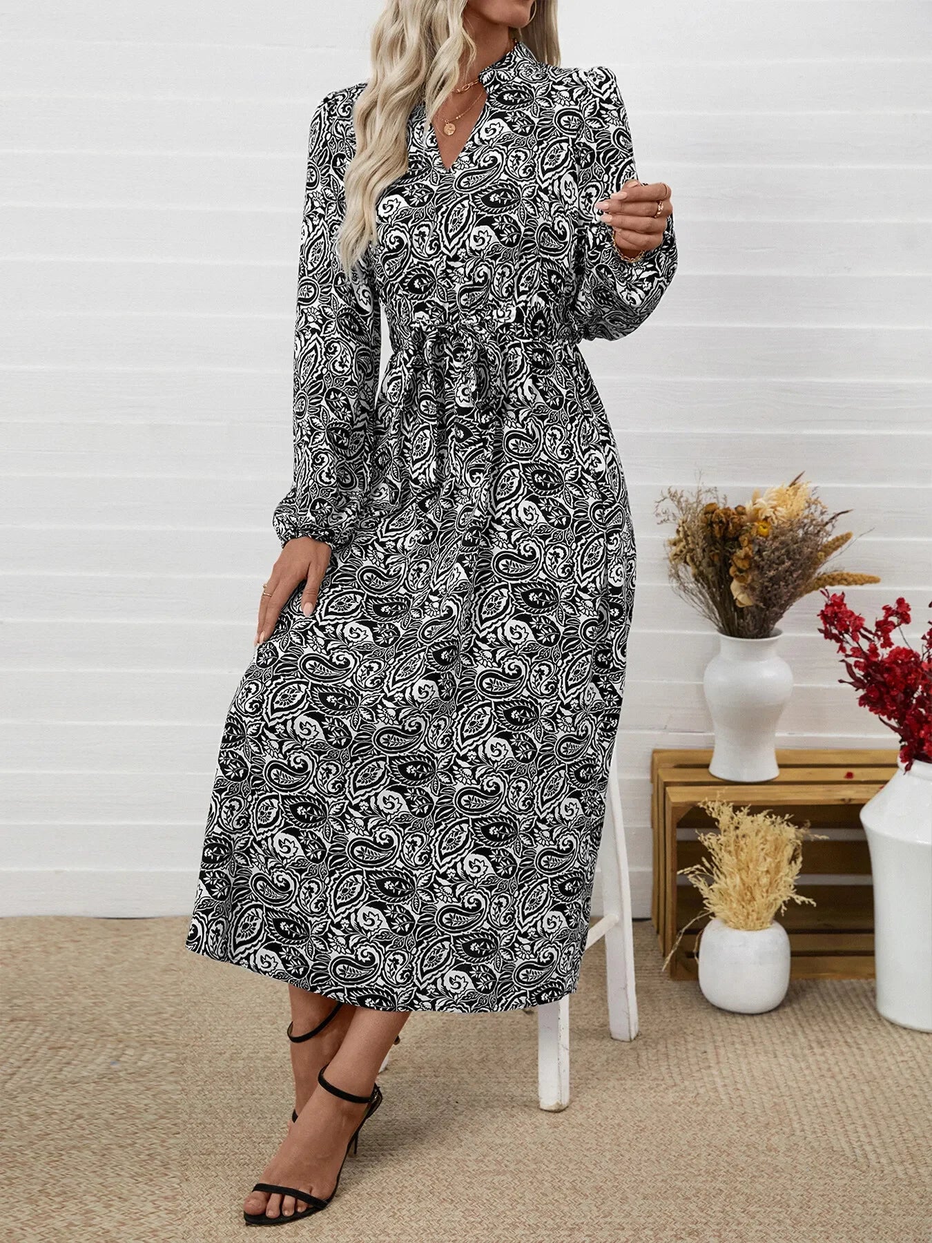 Paisley Print Long Sleeve Midi Dress With Tie Waist Boho - Southern Shores Clothing