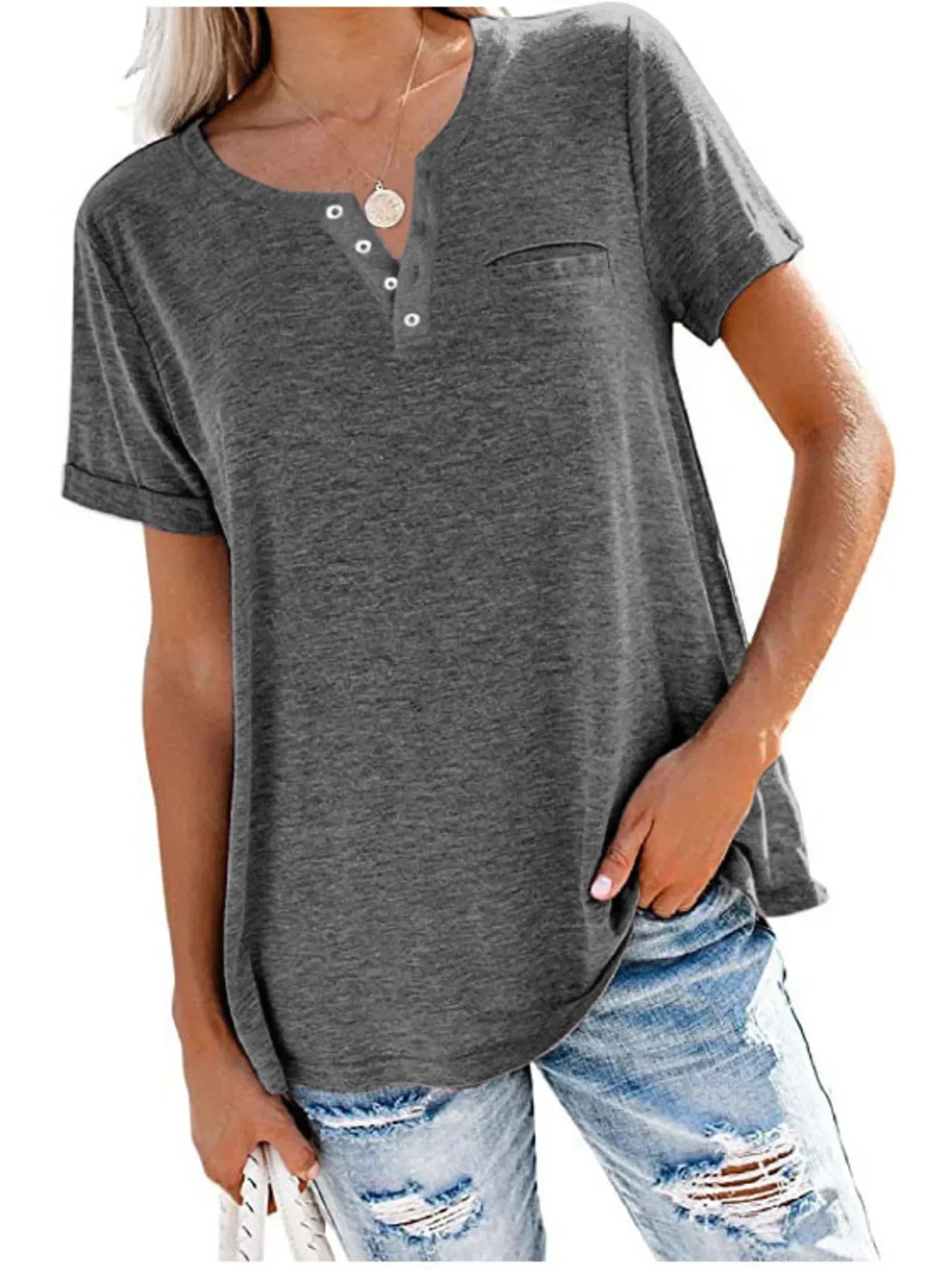 Notched Short Sleeve Plus Size T Shirt Casual Wear - Southern Shores Clothing
