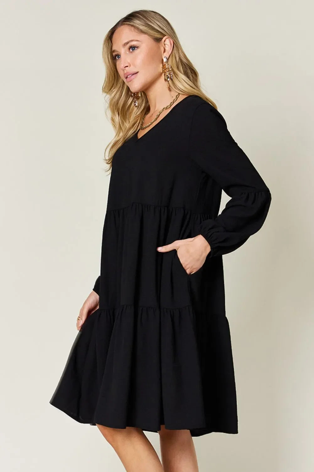 V Neck Balloon Sleeve Tiered Dress With Pockets - Southern Shores Clothing