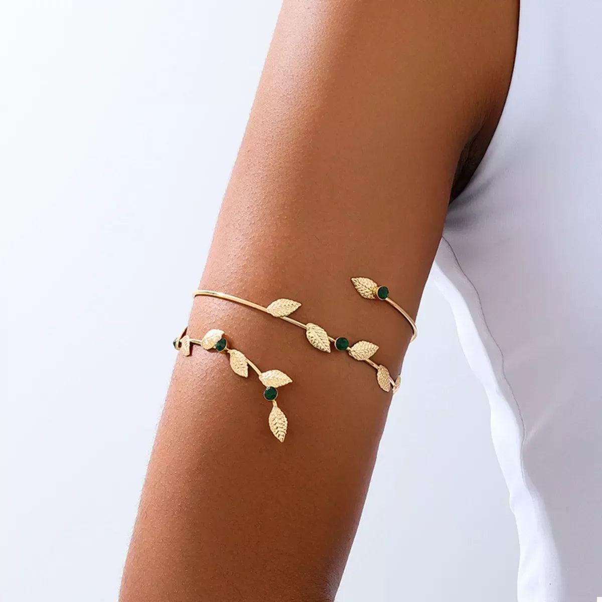 Rhinestone Leaf Bracelet Open Cuff 18K Gold Plated Alloy - Southern Shores Clothing