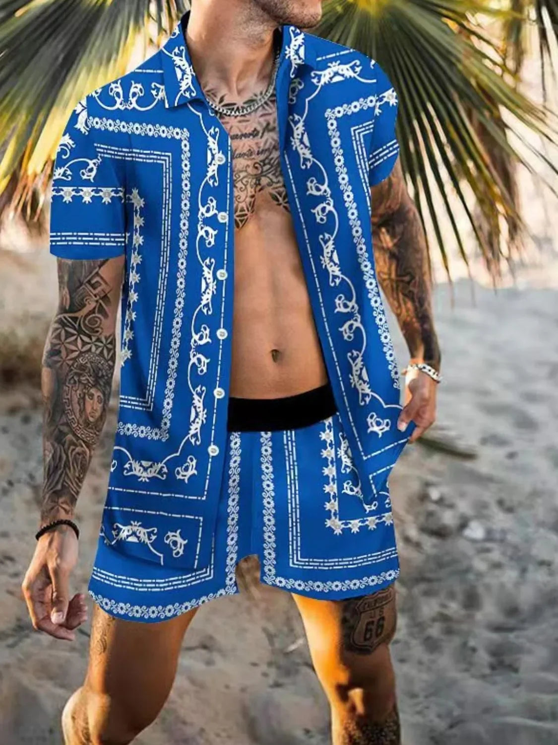 Men's Full Size Printed Collared Neck Short Sleeve Top and Shorts Set Plus Size - Southern Shores Clothing