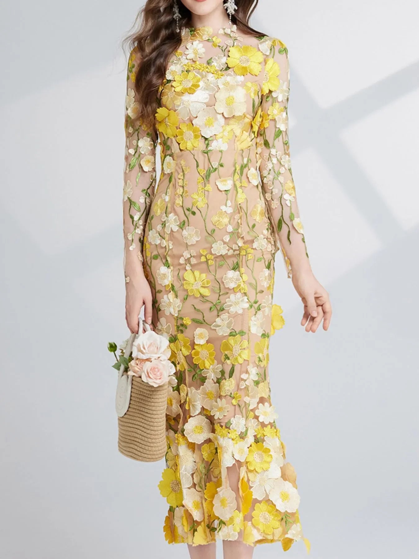 Floral Embroidered Magnolia Mesh Long Sleeve Midi Dress - Southern Shores Clothing