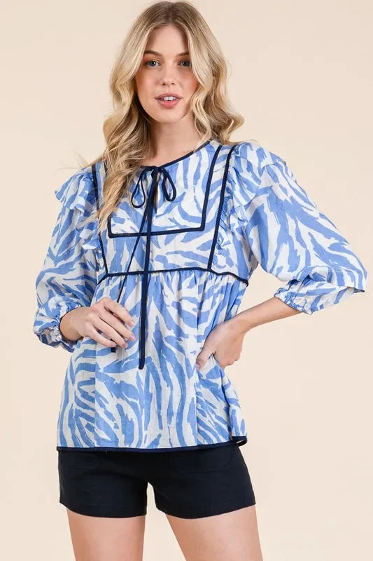 Graphic Print Quarter Sleeve Blouse With Solid Trim - Southern Shores Clothing