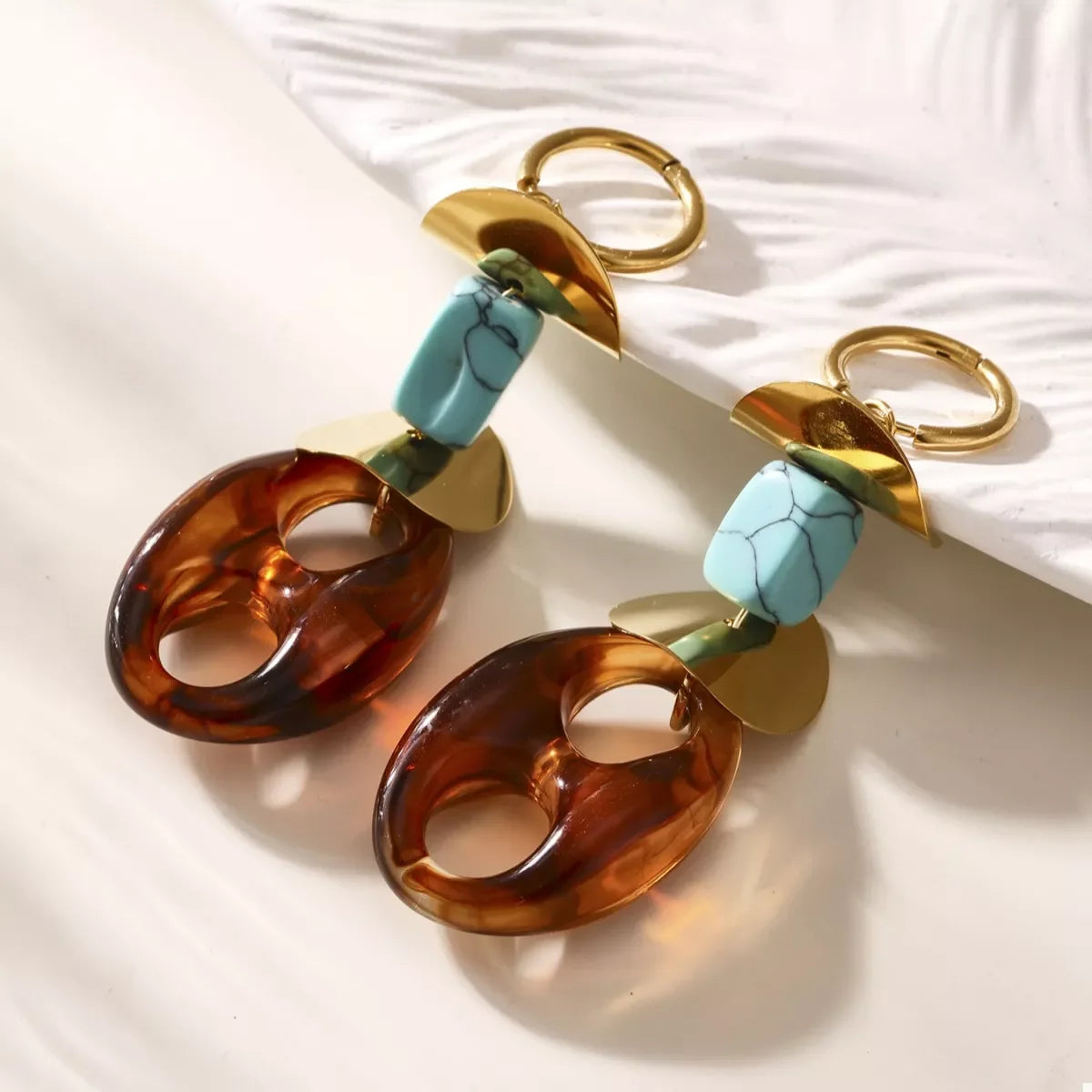 Geometric Drop Earrings With Turquoise In 18K Gold-Plated - Southern Shores Clothing