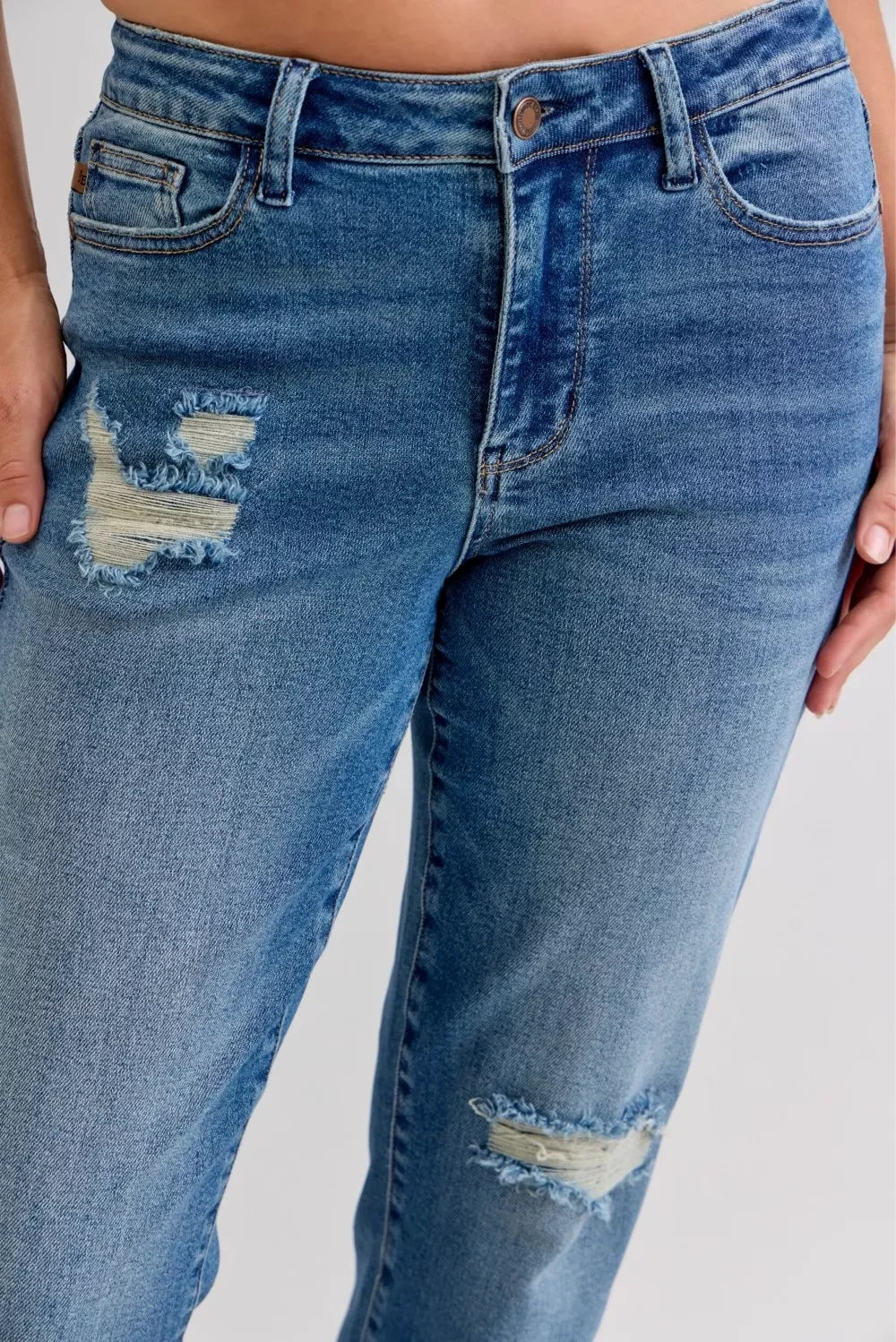 Plus Size Destroyed Jeans Mid Rise Patchwork Denim - Southern Shores Clothing