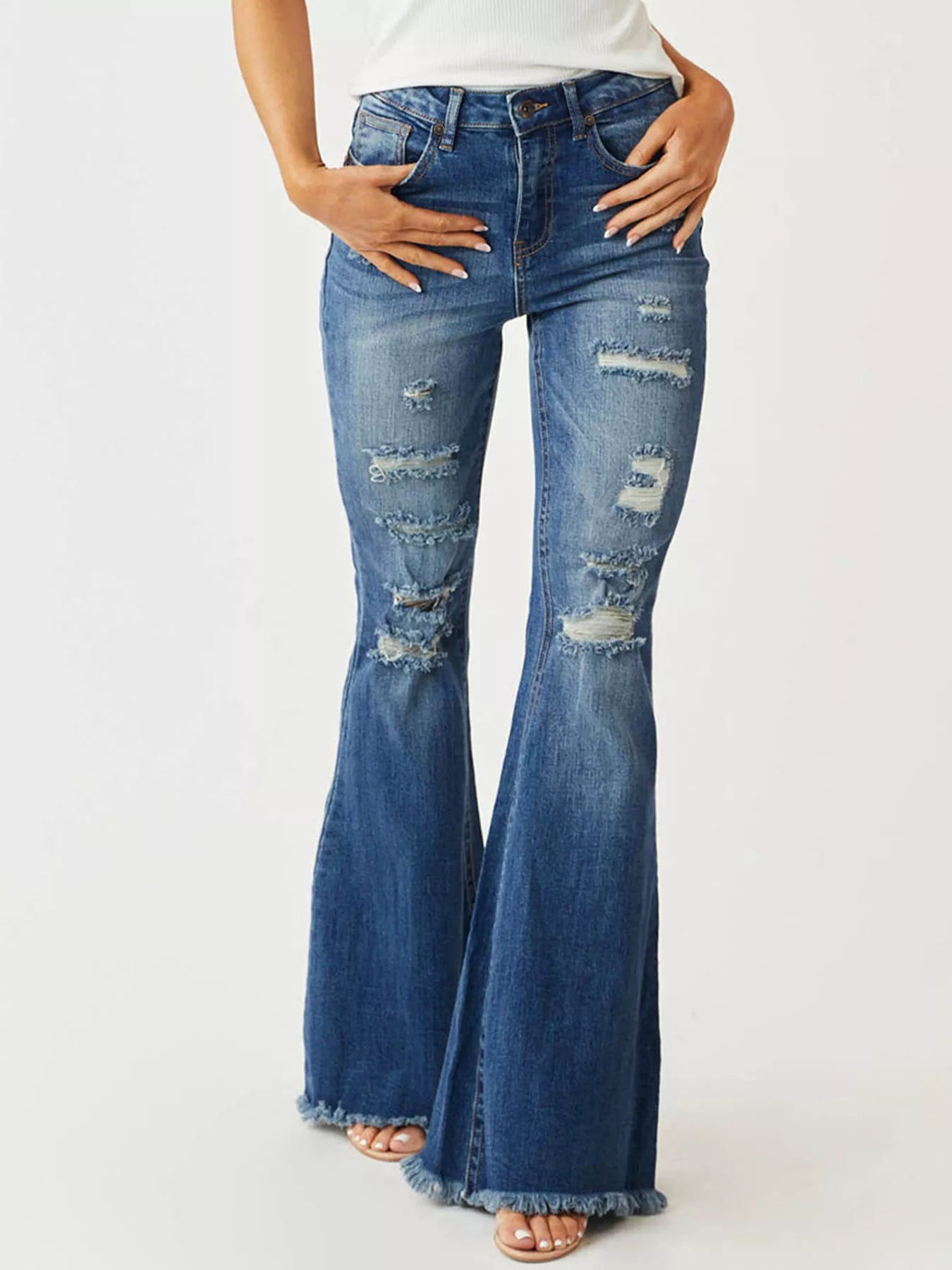 Coastal Distressed Raw Hem High-Waisted Flare Jeans
