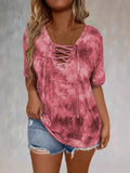 Tie Dye Lace Up V Neck Short Sleeve Casual T Shirt - Southern Shores Clothing