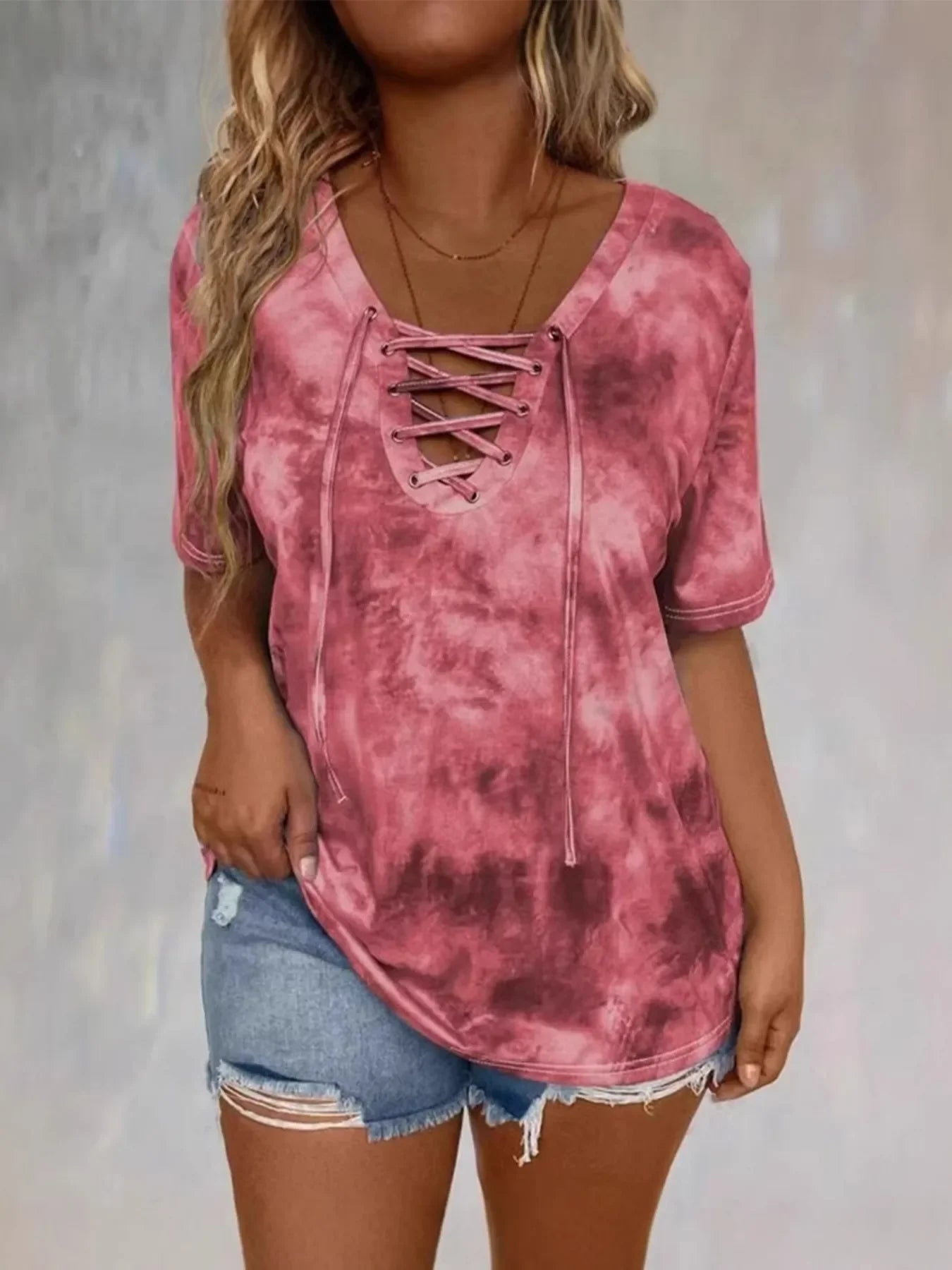 Tie Dye Lace Up V Neck Short Sleeve Casual T Shirt - Southern Shores Clothing