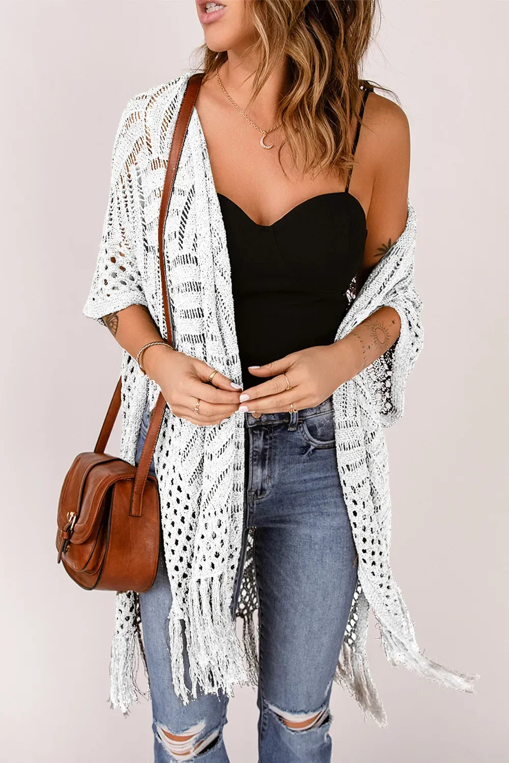 Lightweight Openwork Fringed Cardigan With Open Front - Southern Shores Clothing
