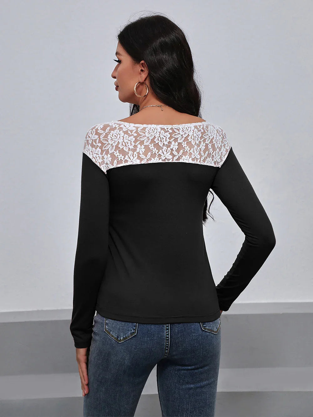 Lace Trim Long Sleeve Round Neck Tee For Casual Wear - Southern Shores Clothing