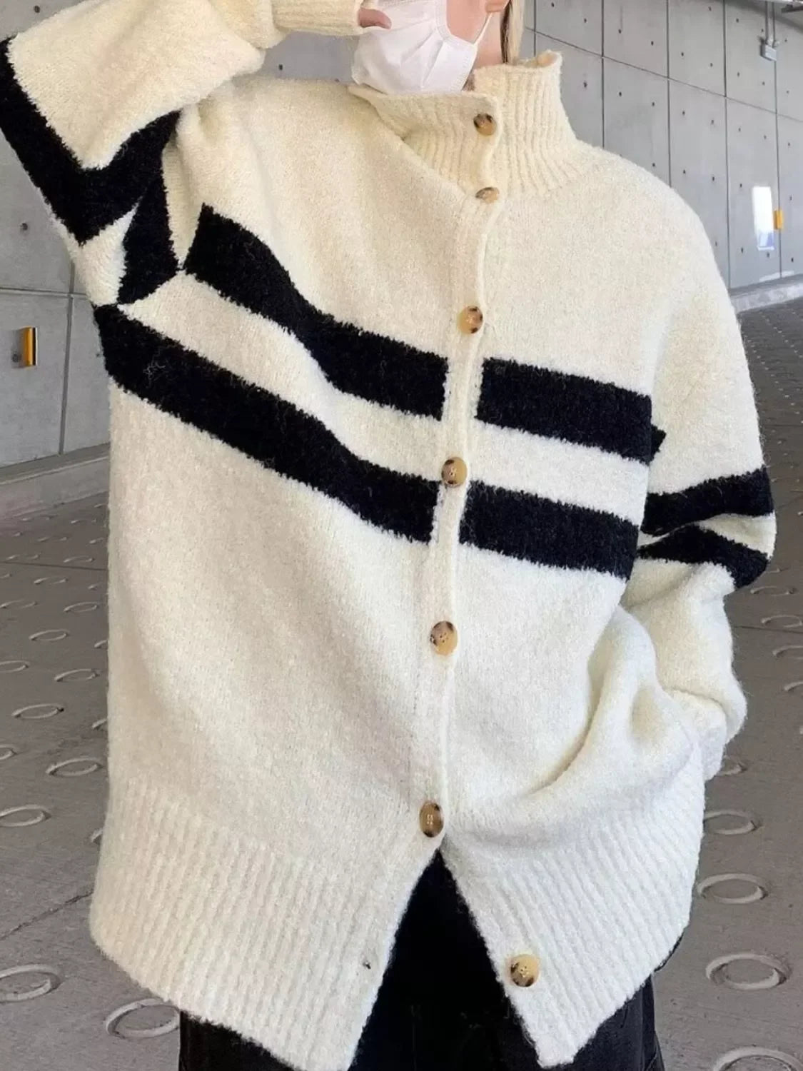 Striped Knit Button-Down Stretch Cardigan - Southern Shores Clothing