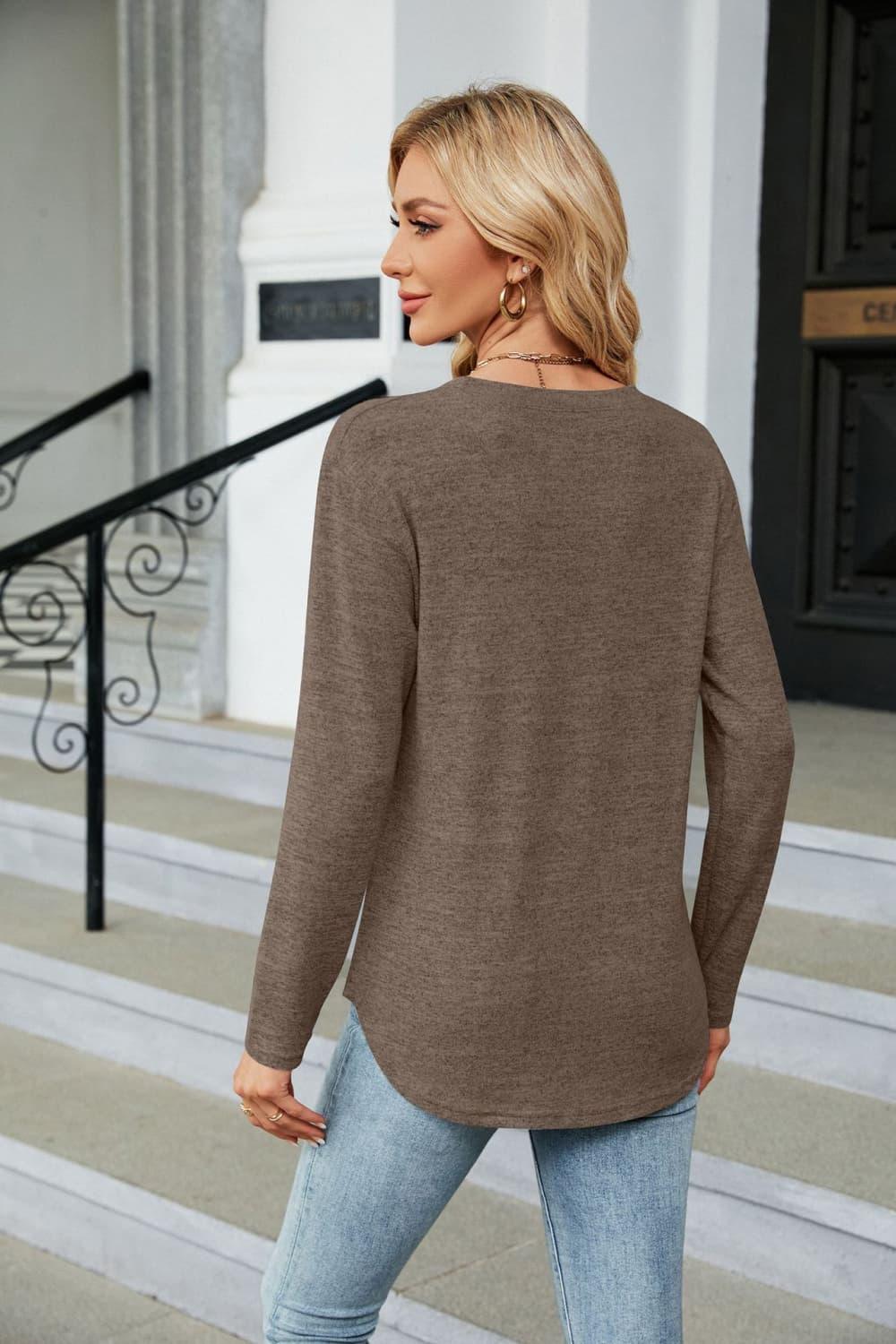 Round Neck Long Sleeve T Shirt With Button Detail - Southern Shores Clothing