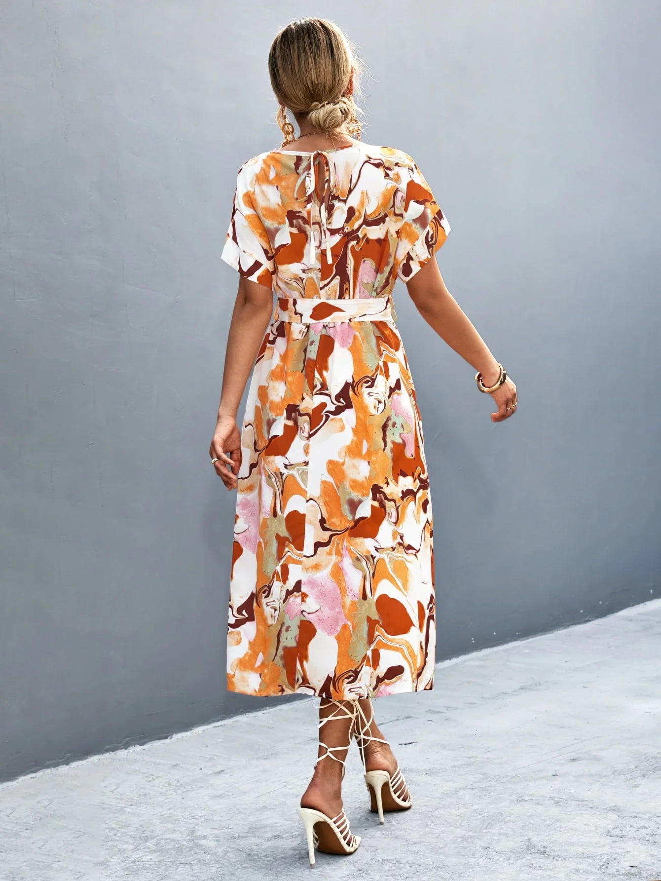 Round Neck Short Sleeve Tie Waist Midi Dress - Southern Shores Clothing