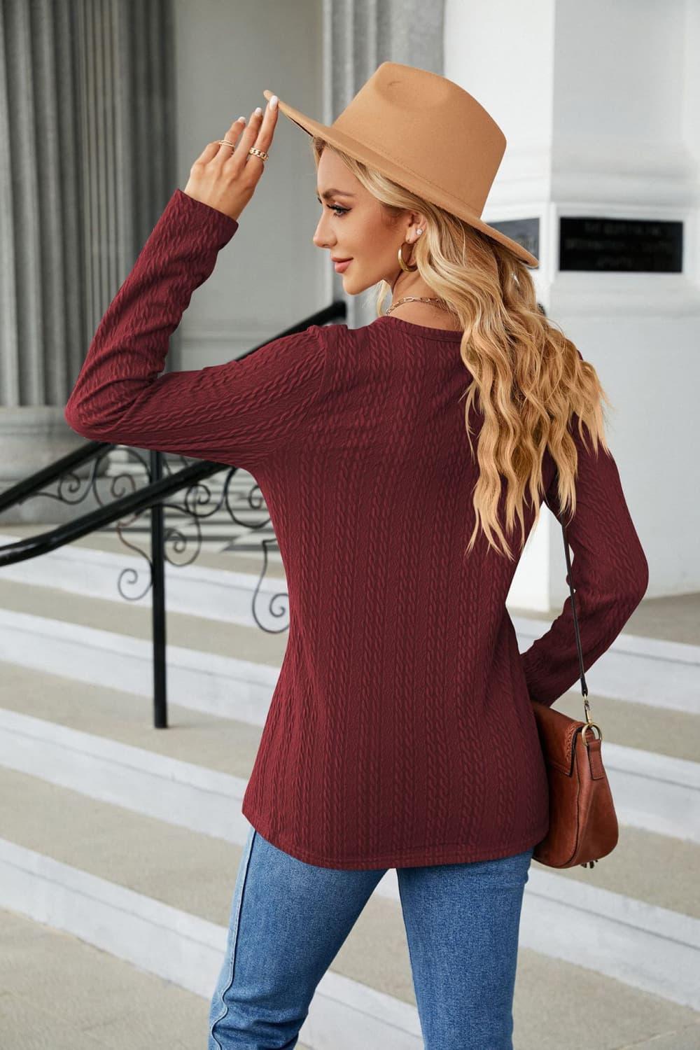 Casual Cable Knit Long Sleeve V-Neck T Shirt - Southern Shores Clothing