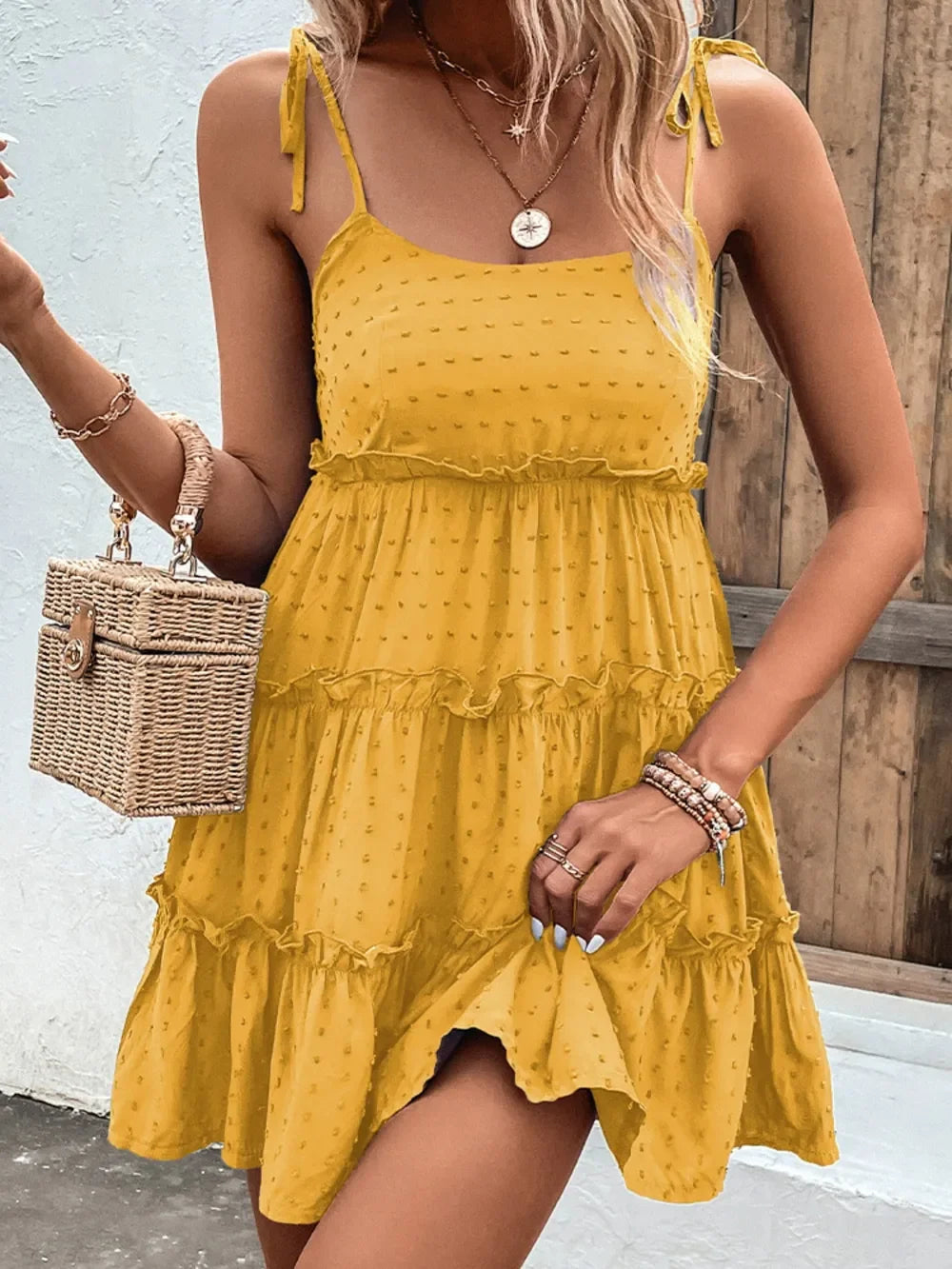 Shiny Frill Spaghetti Strap Tiered Dress - Southern Shores Clothing