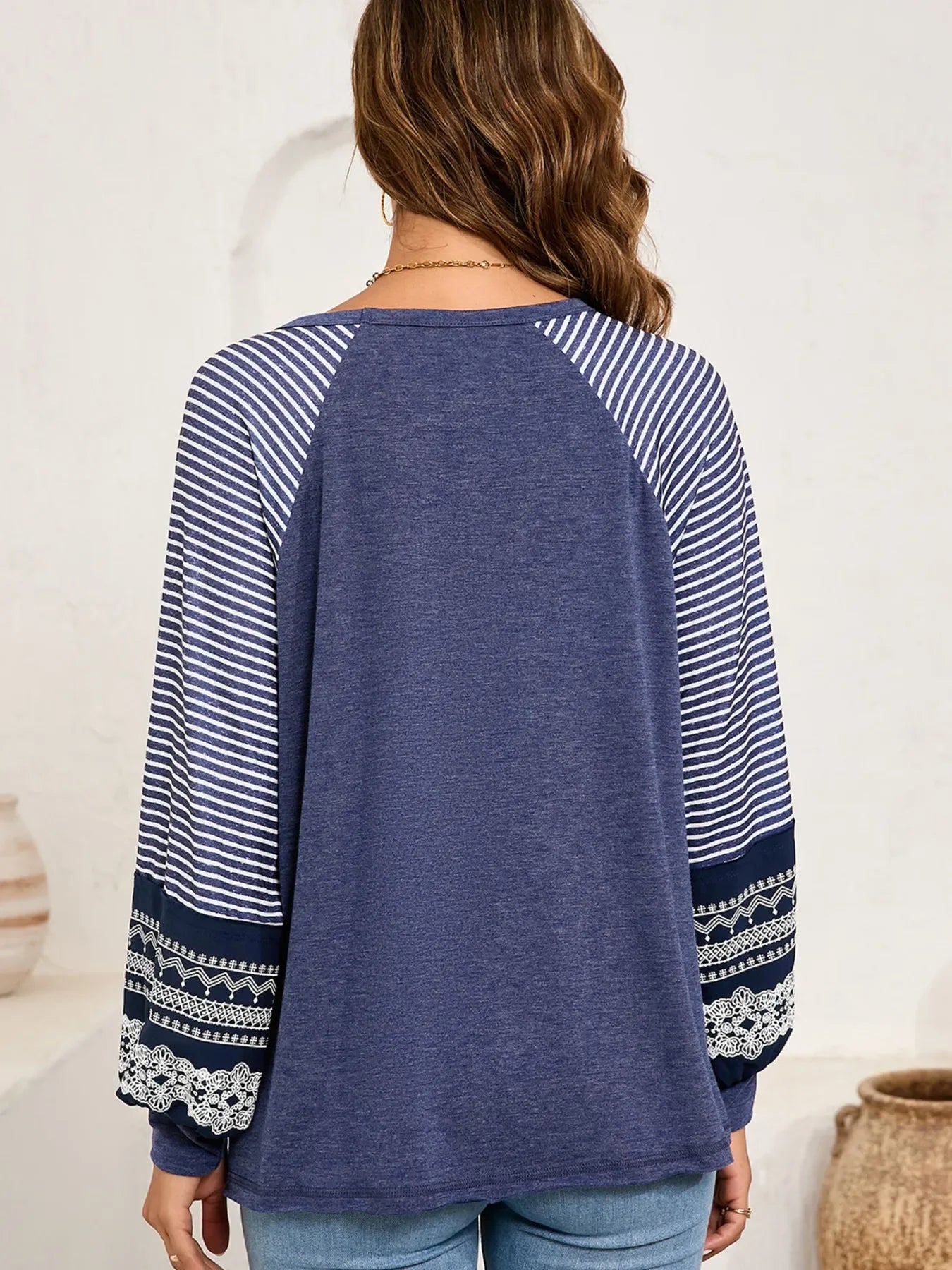 Contrast Print Striped Raglan Long Sleeve Loose Top - Southern Shores Clothing