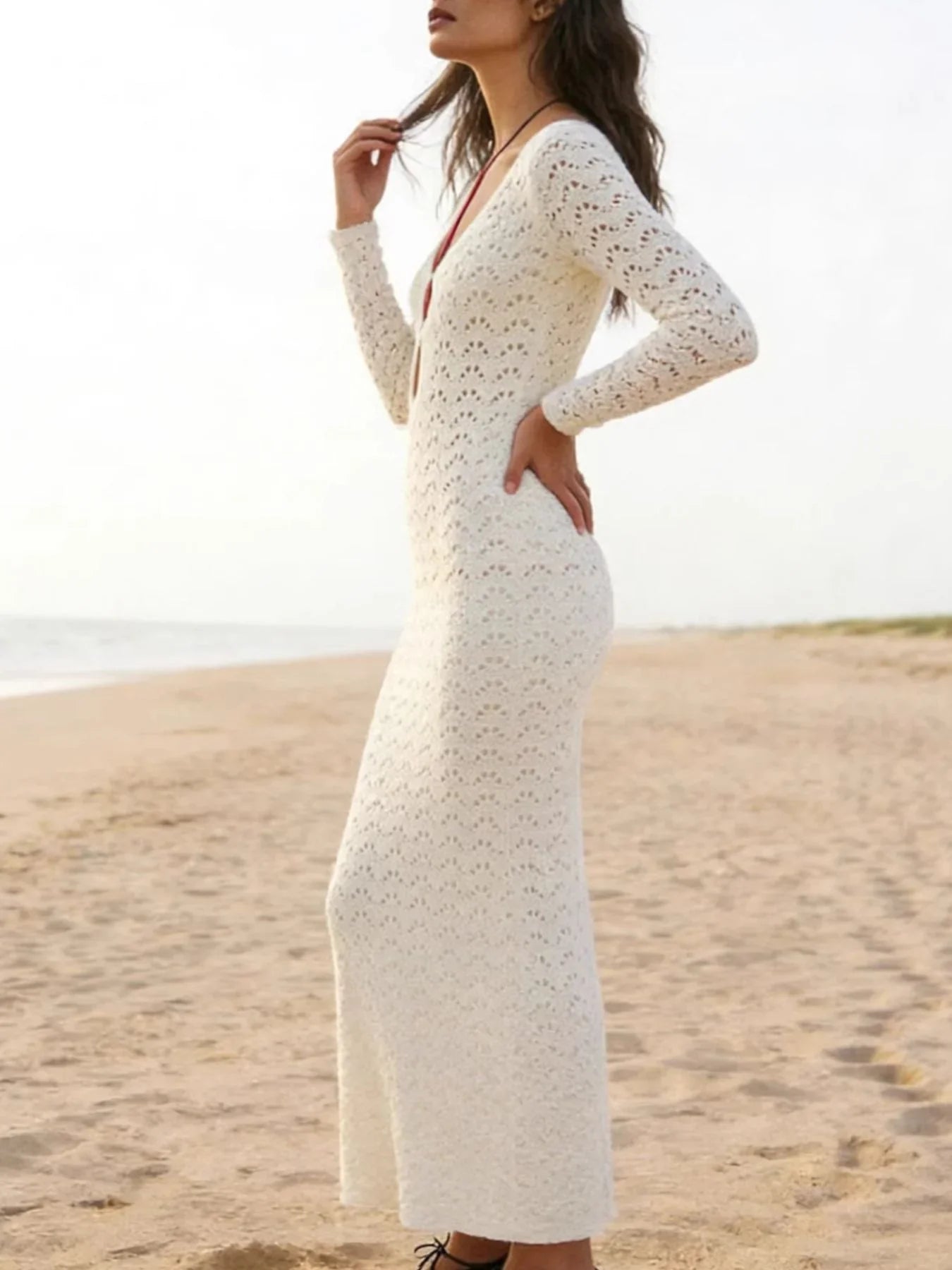 Crochet Knit Cover Up Dress With Front Cutout Details Keyhole - Southern Shores Clothing