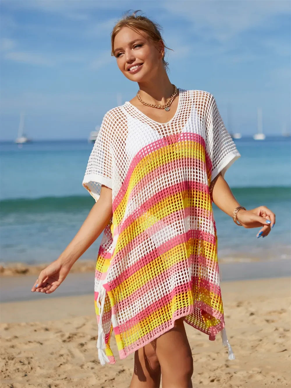 Angel Wings Striped Cutout Cover Up One Size Tassel - Southern Shores Clothing