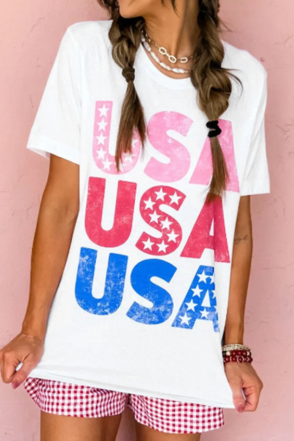 Letter Graphic Round Neck Short Sleeve T Shirt With Stretch - Southern Shores Clothing