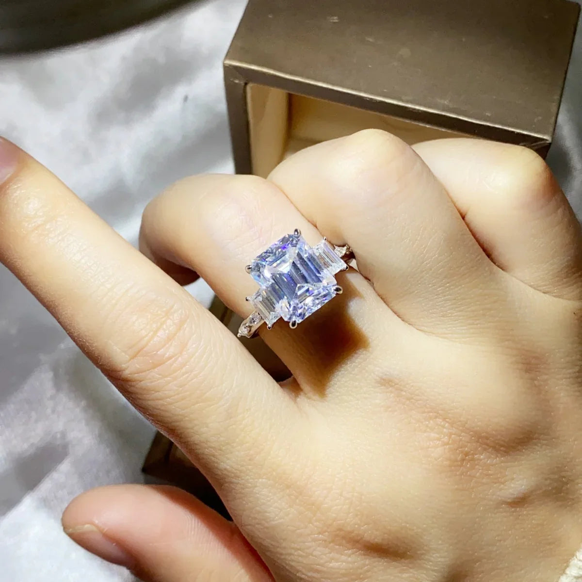 Emerald-Cut Moissanite Ring 5 Carat Platinum-Plated Finish Band - Southern Shores Clothing