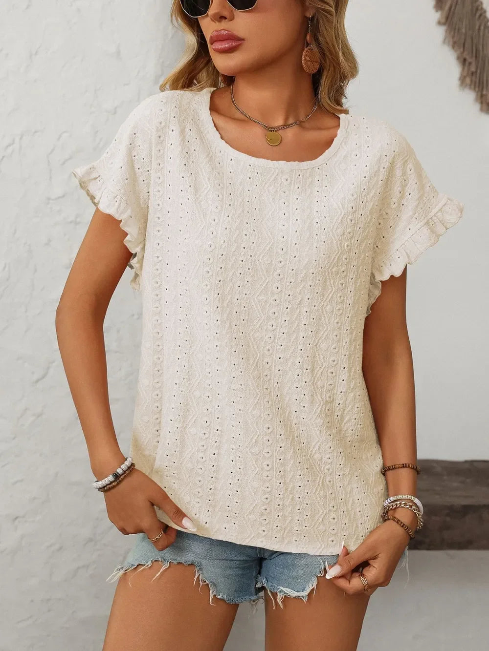 Eyelet Frill Round Neck Short Sleeve Top - Southern Shores Clothing