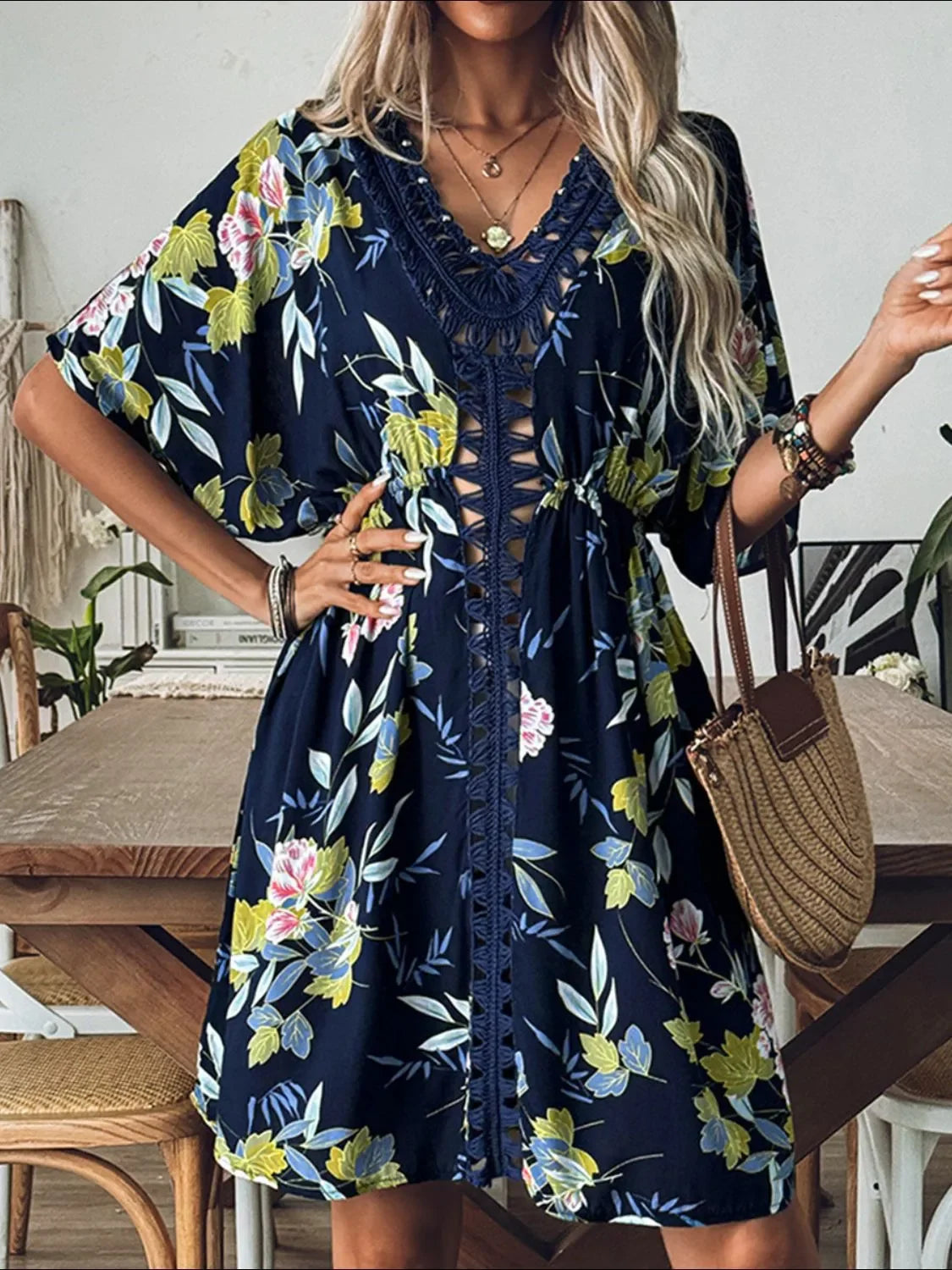 Crochet V-Neck Printed Beach Cover-Up One Size - Southern Shores Clothing