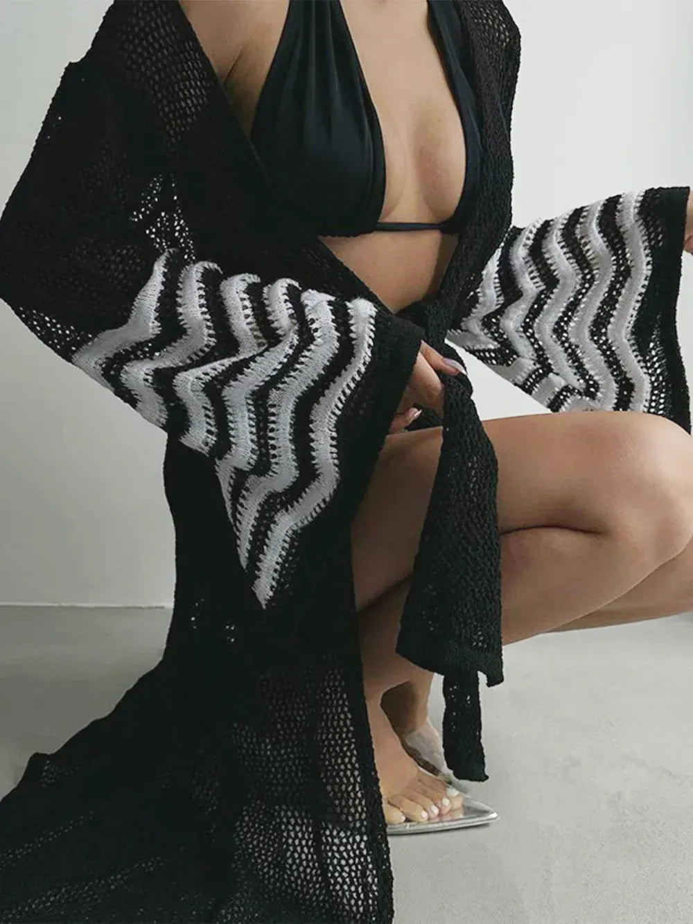 Openwork Striped Flare Sleeve Beach Cover Up - Southern Shores Clothing