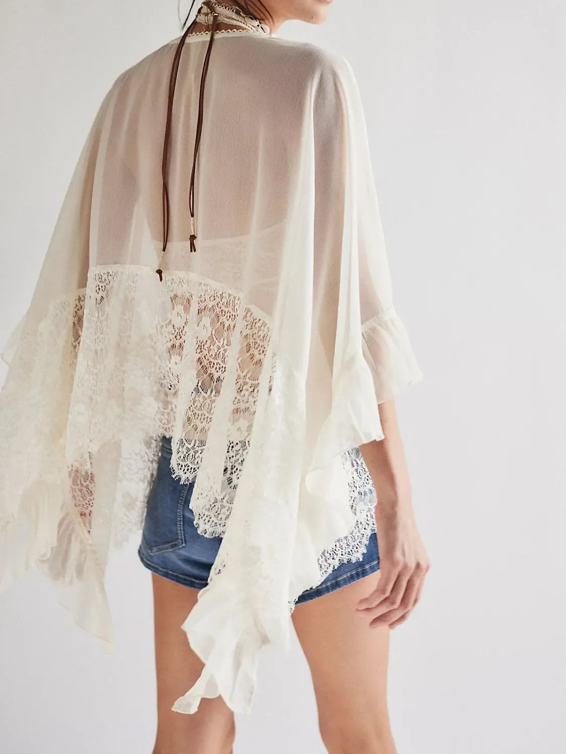 Lace V-Neck Ruffle Long Sleeve Beach Cover-Up - Southern Shores Clothing
