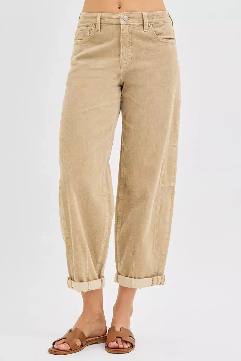 High Rise Crop Corduroy Pants With Barrel Cut - Southern Shores Clothing