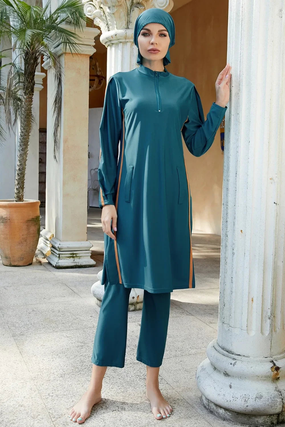 Three Piece Cap Quarter Zip Top And Pants Swim Set For Travel - Southern Shores Clothing