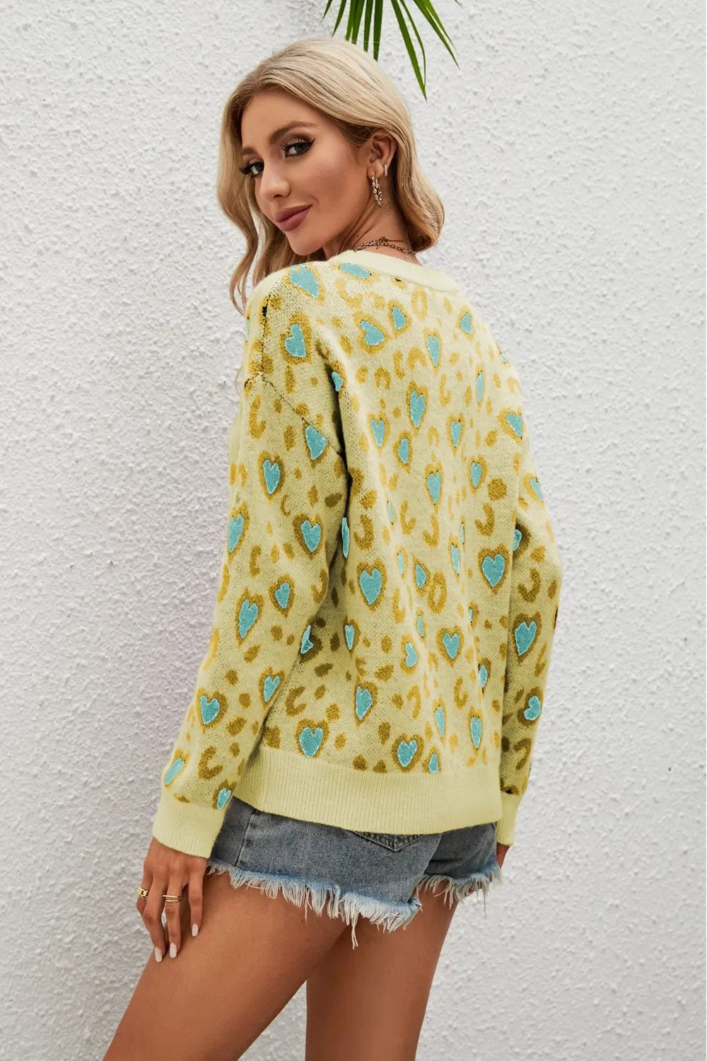 Heart Round Neck Dropped Shoulder Knit Sweater - Southern Shores Clothing