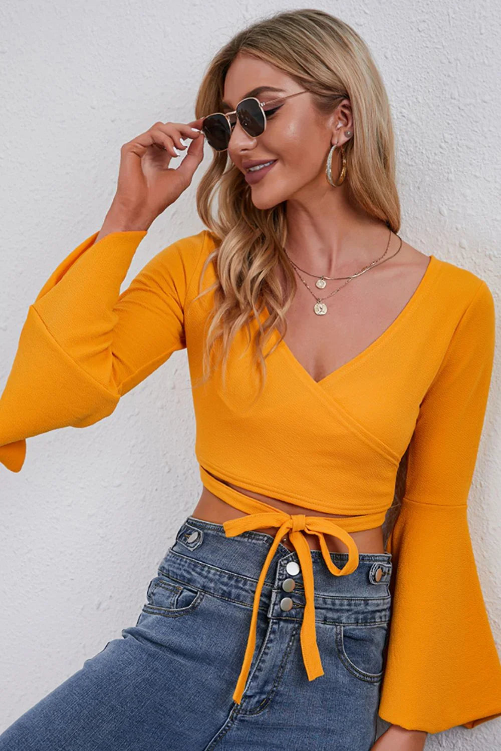 Tie Front Flare Sleeve Cropped Top Surplice Neckline Blouse - Southern Shores Clothing