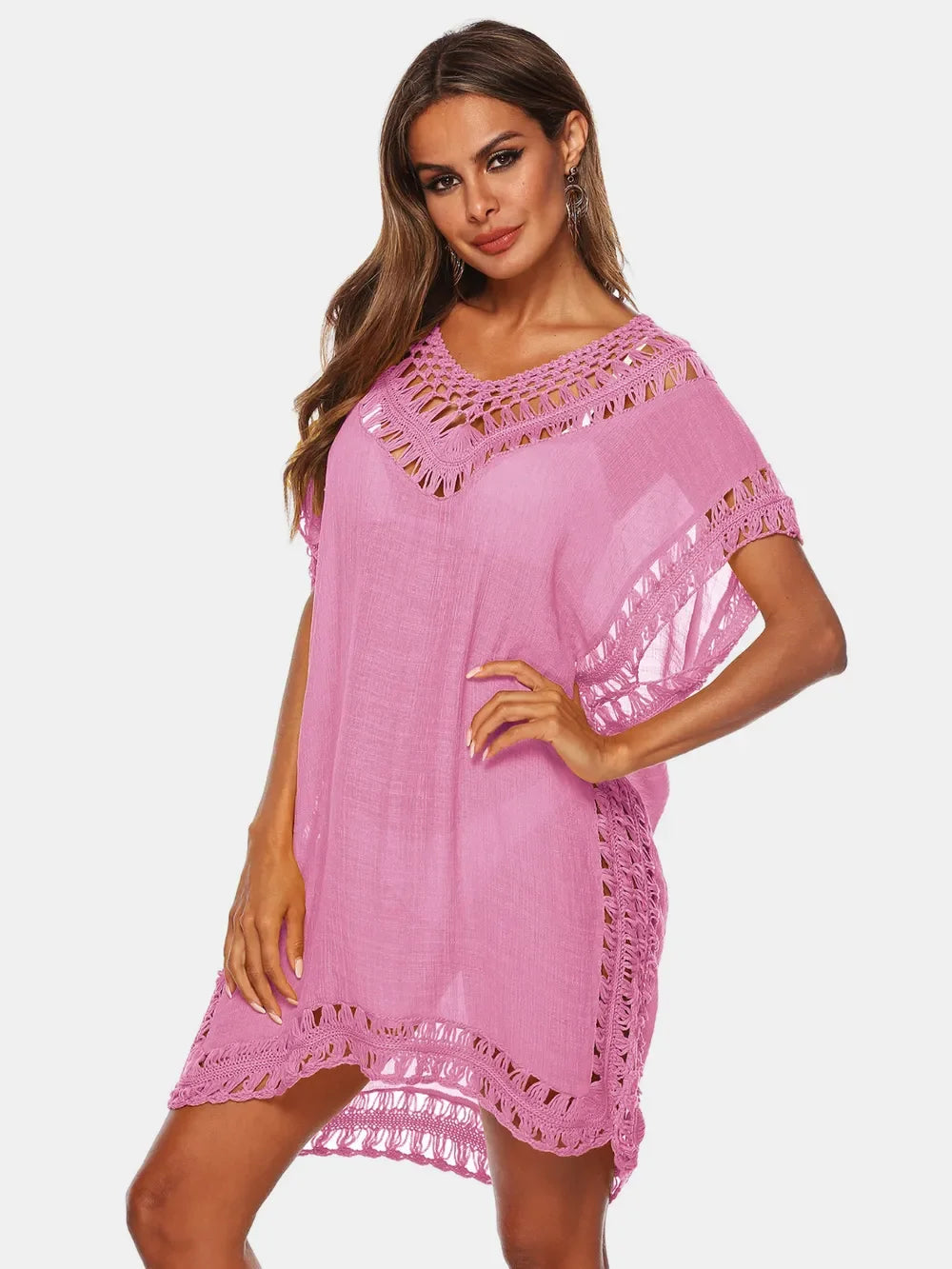 Cutout V-Neck Short Sleeve Cover-Up One Size - Southern Shores Clothing