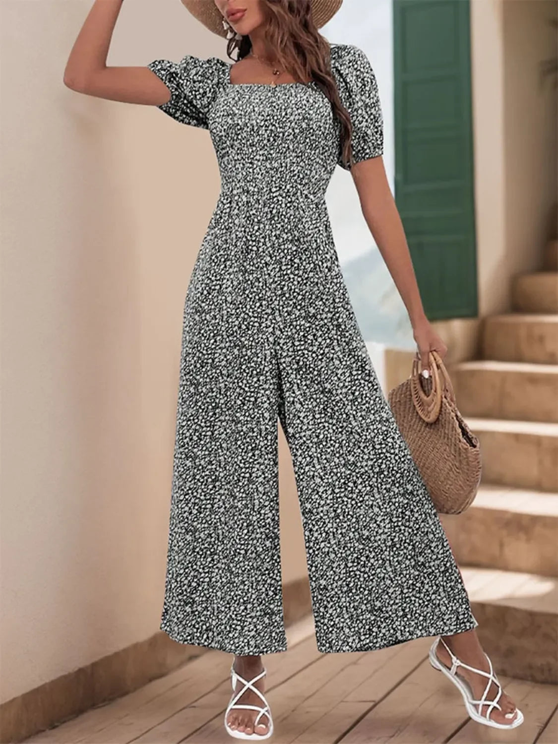 Printed Square Neck Puff Sleeve Jumpsuit - Southern Shores Clothing