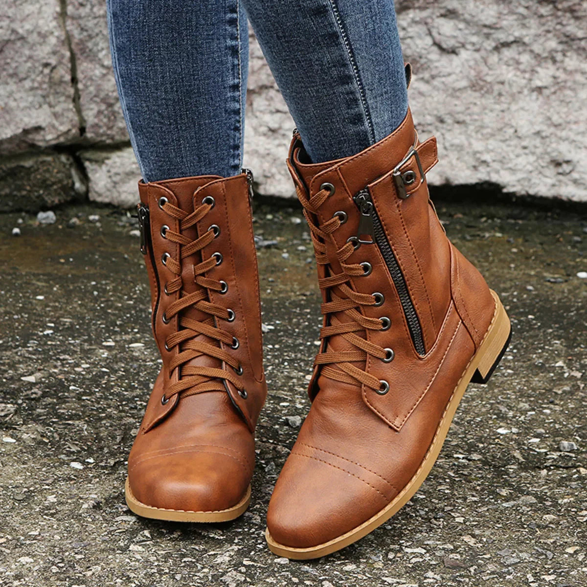 Lace-Up Ankle Boots With Zipper Detail, Low Heels - Southern Shores Clothing