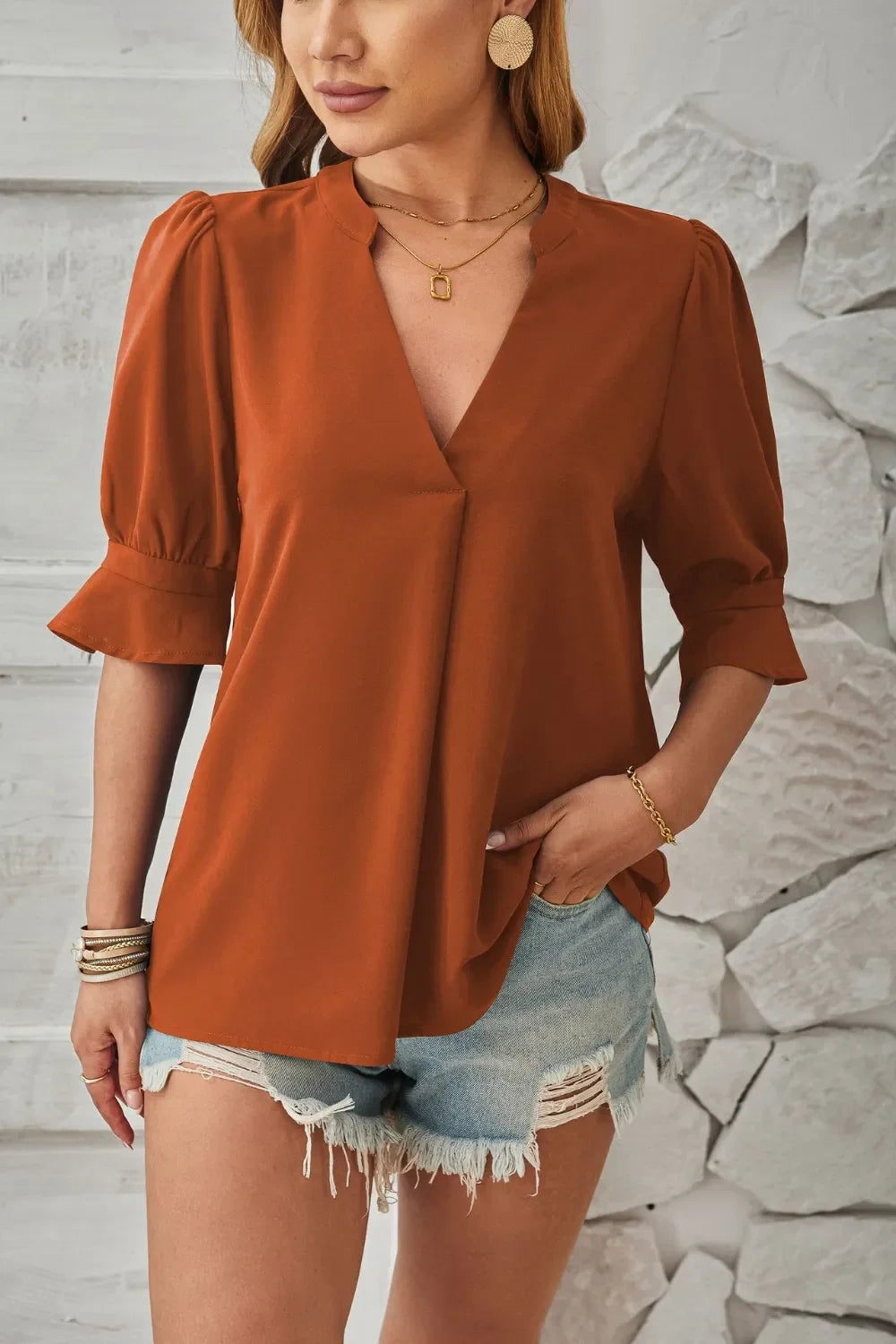 Notched Half Sleeve Blouse With Everyday Versatility - Southern Shores Clothing